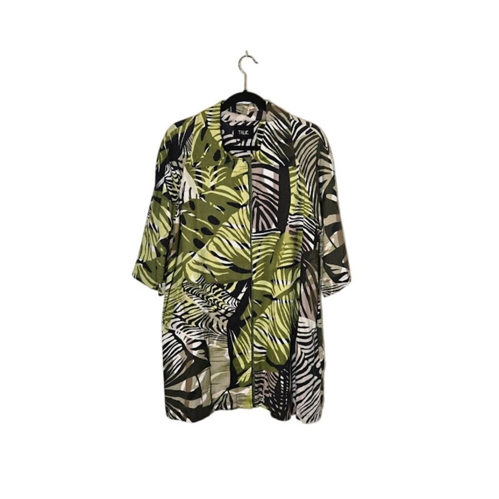 TALIE Women's Tropical Jacket Tunic Top Size Large Green Linen Pockets Resort